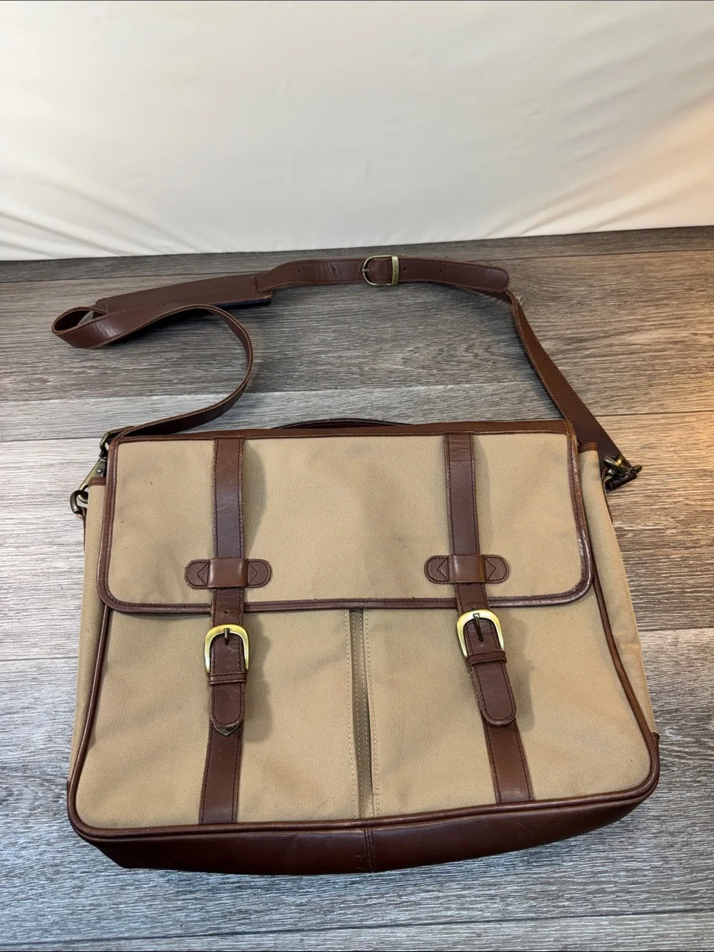 Eddie Bauer Tan Canvas Messenger Bag with Brown Leather Trim